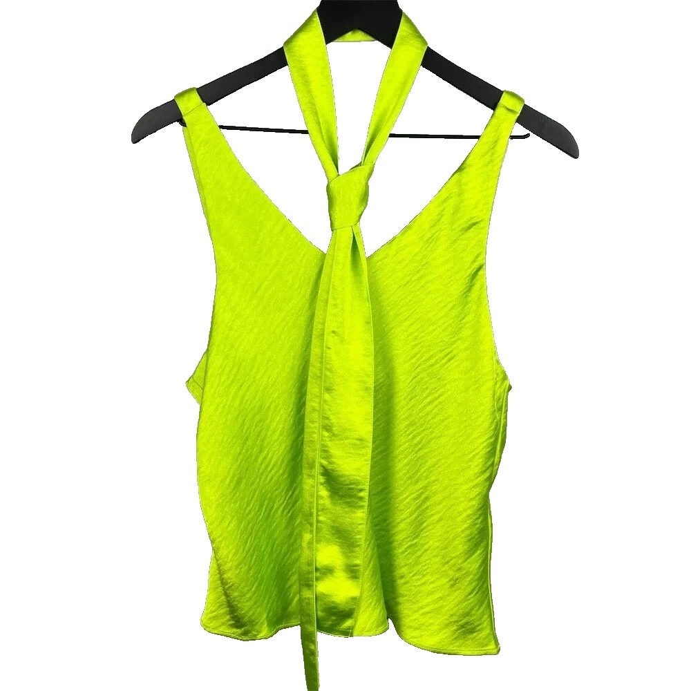 Wildfang The Empower Satin Lime Green Cami Tank W/ Neck Hair Tie Size Small EEE